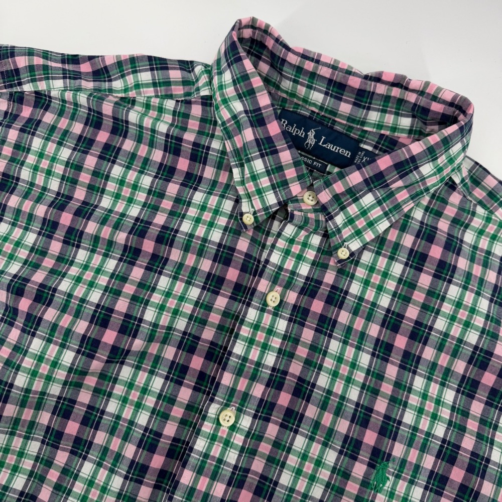 Ralph Lauren Button Down Shirt Mens XXL Green Pink Plaid Classic Short Sleeve